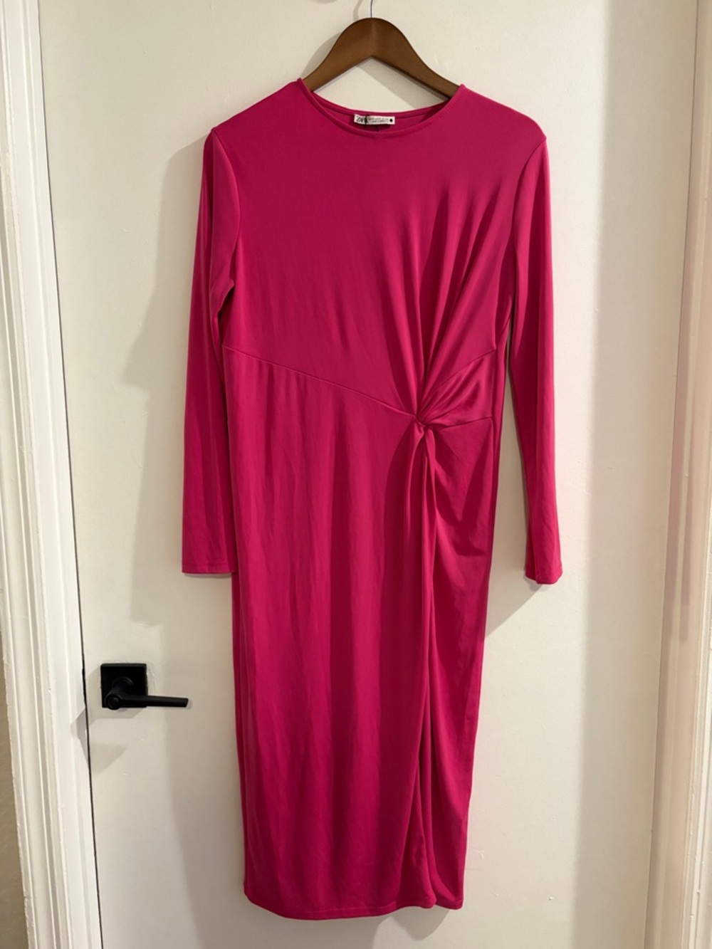 Zara Hot Pink Long Sleeve Twist-Front Midi Dress medium